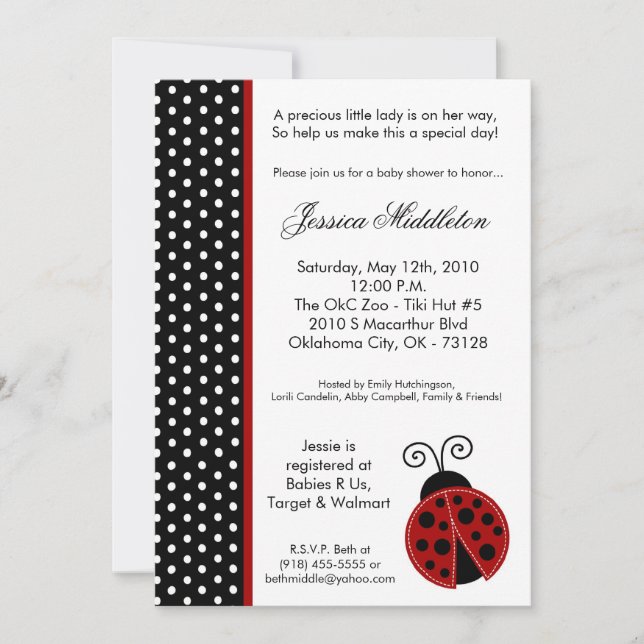 5x7 Lady Bug Black PolkaDot Baby Shower Invitation (Front)