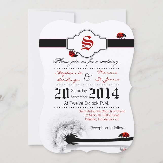 5x7 Lady Bug Dandilion Flower Wedding Invitation (Front)