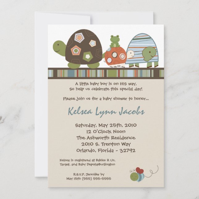 5x7 Laguna Turtle Frog Bee Baby Shower Invitation (Front)