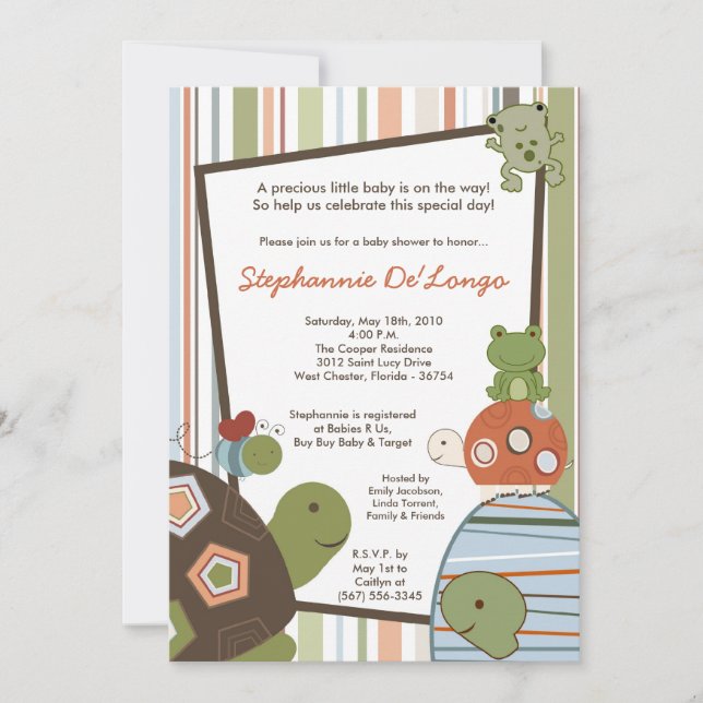 5x7 Laguna Turtle Frog Bee Baby Shower Invitation (Front)