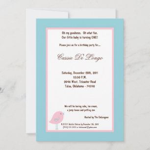 5x7 Light Blue Bird Birthday Party Invite