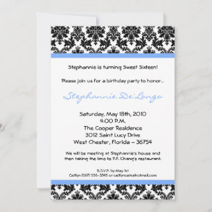 5x7 Light Blue Damask Birthday Party Invitation