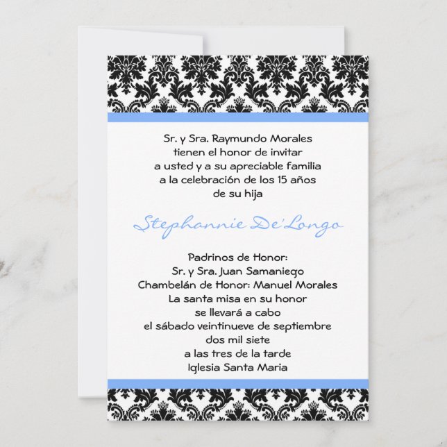 5x7 Light Blue Damask Quinceanera Invitation (Front)