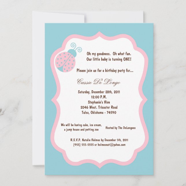5x7 Light Blue Lady Bug Birthday Party Invite (Front)