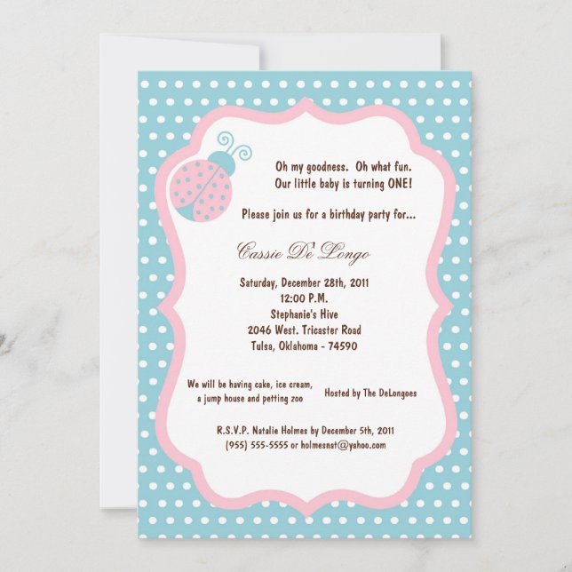 5x7 Light Blue Lady Bug Birthday Party Invite (Front)