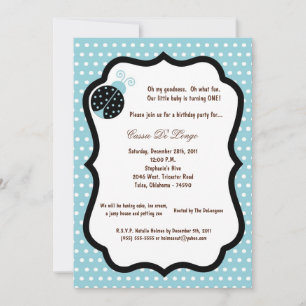 5x7 Light Blue Lady Bug Birthday Party Invite