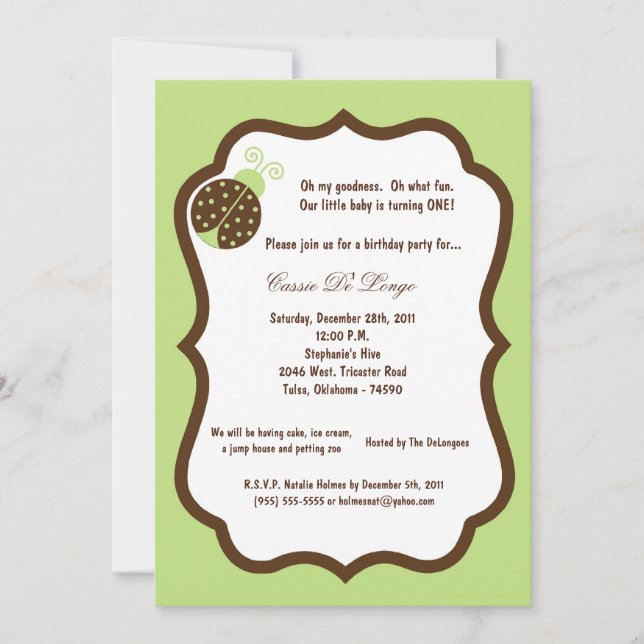 5x7 Light Green Lady Bug Birthday Party Invite (Front)