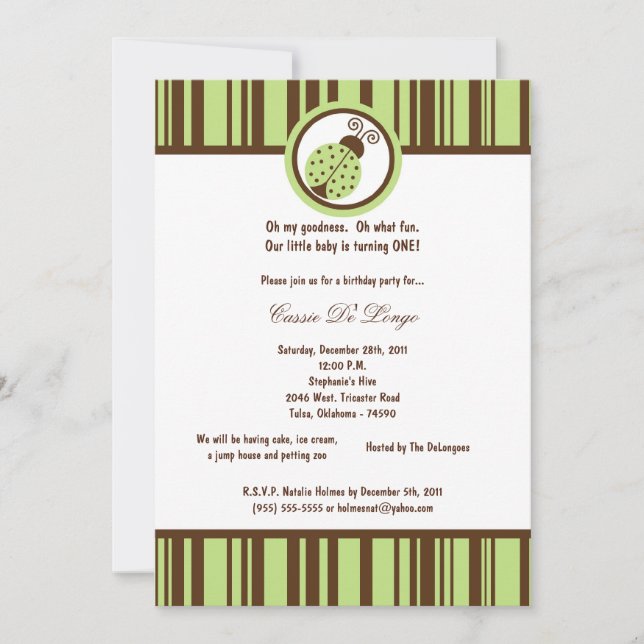 5x7 Light Green Lady Bug Birthday Party Invite (Front)