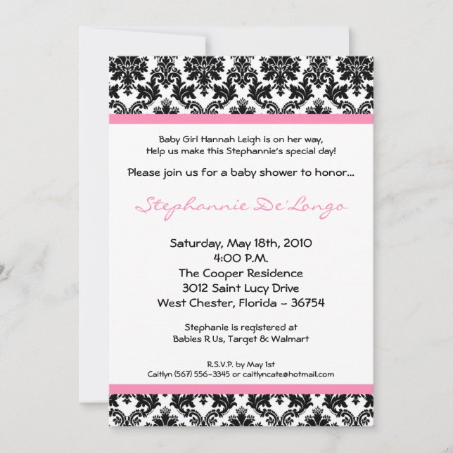 5x7 Light Pink Black Damask Baby Shower Invitation (Front)