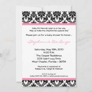 5x7 Light Pink Black Damask Baby Shower Invitation