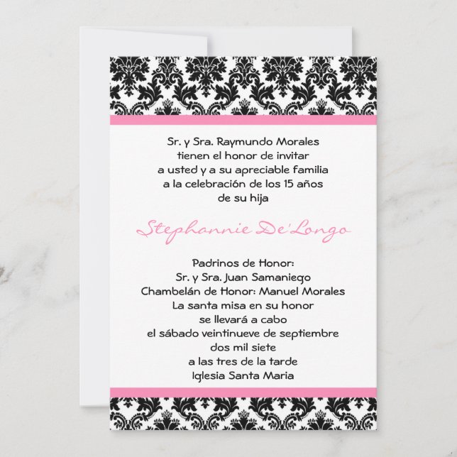 5x7 Light Pink Damask Quinceanera Invitation (Front)