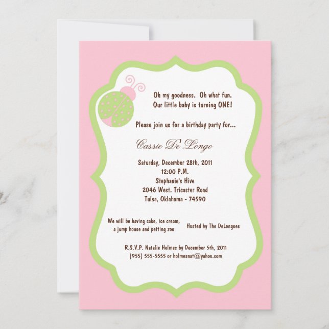 5x7 Light Pink Lady Bug Birthday Party Invite (Front)