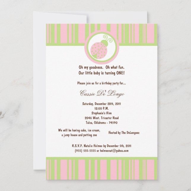 5x7 Light Pink Lady Bug Birthday Party Invite (Front)