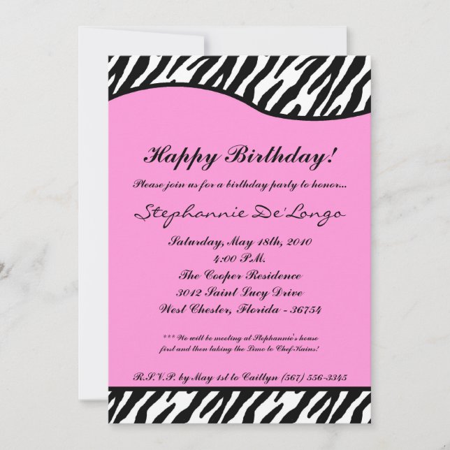 5x7 Light Pink Zebra Birthday Party Invitation (Front)