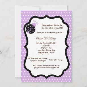 5x7 Light Purple Lady Bug Birthday Party Invite