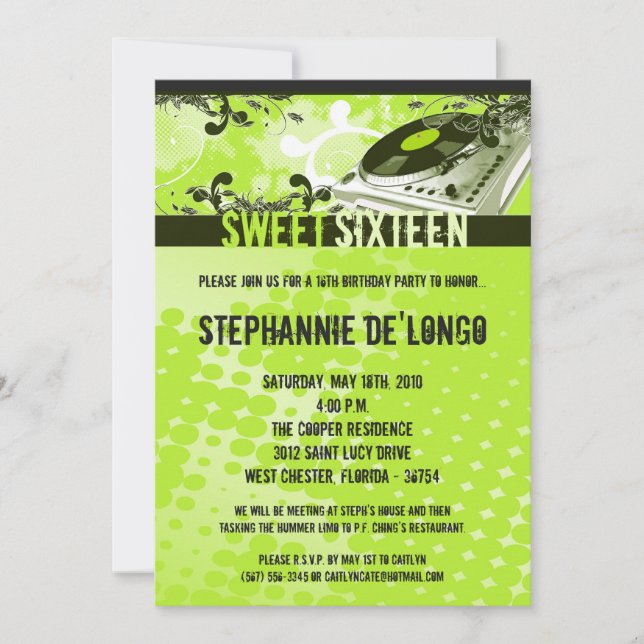 5x7 Lime Gree DJ Turntable16th Birthday Invitation (Front)