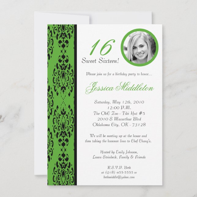 5x7 Lime Green Damask 16 Birthday Party Invitation (Front)