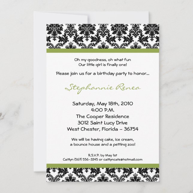 5x7 Lime Green Damask Birthday Party Invitation (Front)