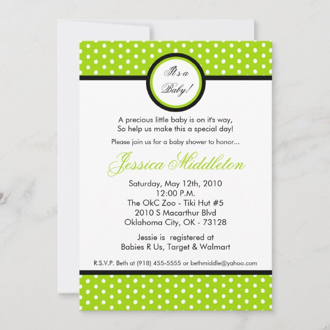 5x7 Lime Green Polka Dot Baby Shower Invitation (Front)