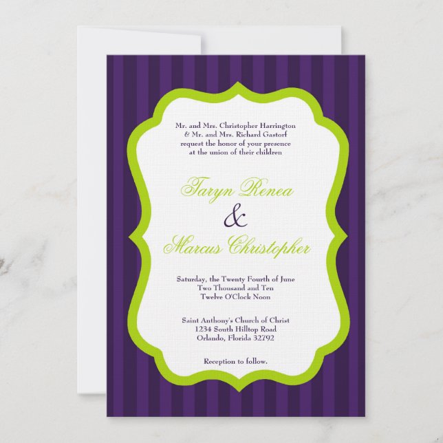 5x7 Lime Green & Purple Linen Wedding Invitation (Front)