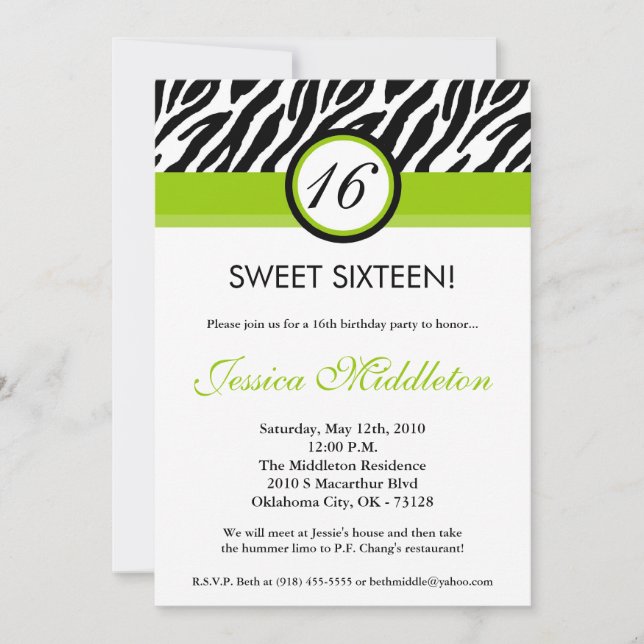 5x7 Lime Green Zebra 16th Birthday Invitation (Front)