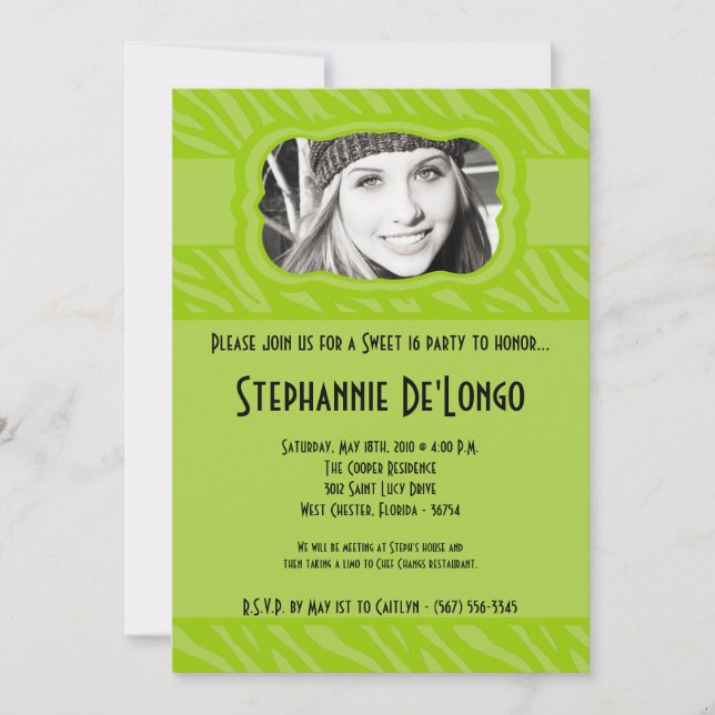 5x7 Lime Zebra PHOTO Sweet 16 Birthday Invitation (Front)