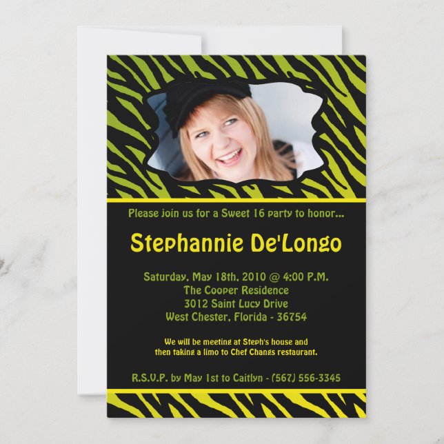 5x7 Lime Zebra PHOTO Sweet 16 Birthday Invitation (Front)