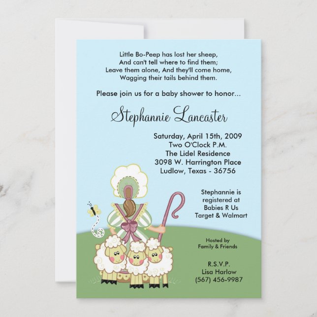 5x7 Little Bo Peep Nursery Baby Shower Invitation (Front)