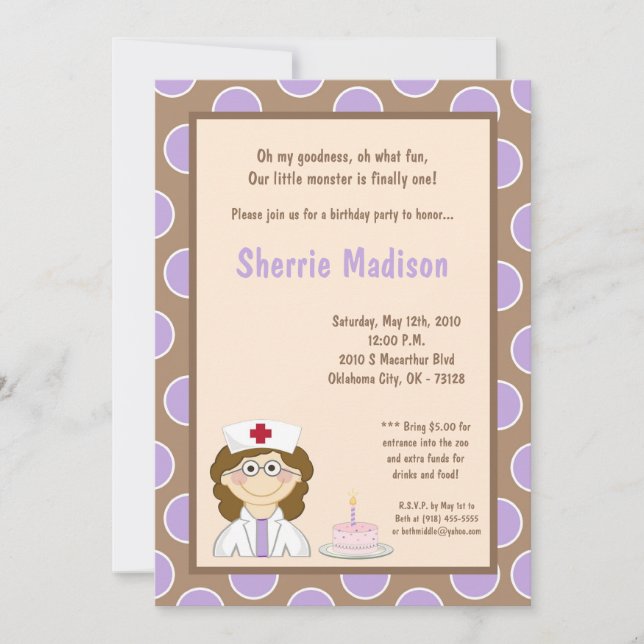 5x7 Little Girl Nurse Birthday Party Invitation (Front)