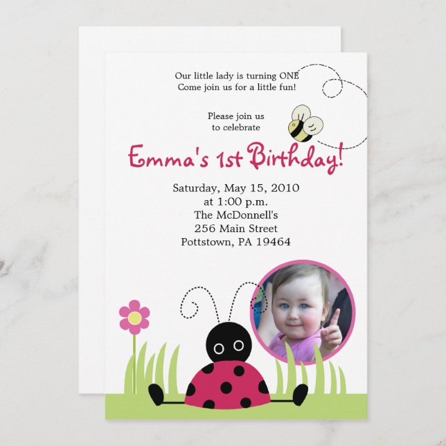 5x7 Little Ladybug *PHOTO* Spring Birthday Invitation (Front/Back)
