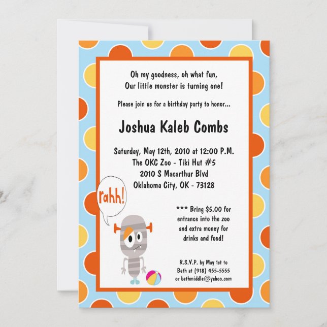 5x7 Little Monster  Birthday Party Invitation (Front)