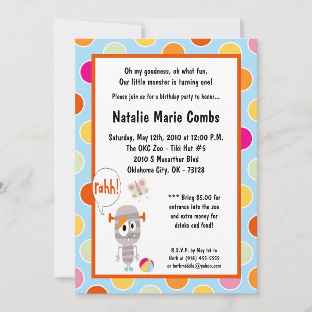 5x7 Little Monster  Birthday Party Invitation (Front)