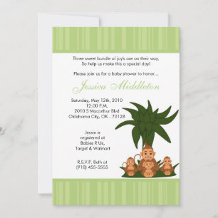 5x7 Mama and TRIPLET Monke Baby Shower Invitation