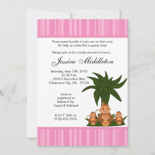 5x7 Mama and TRIPLET Monke Baby Shower Invitation