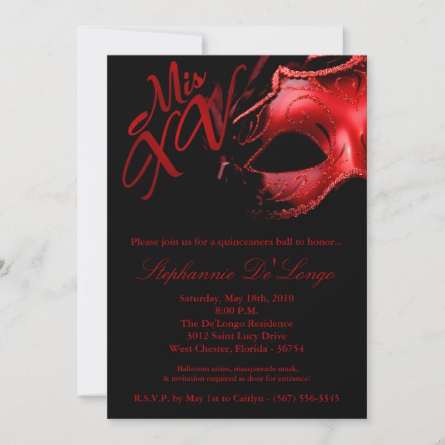 5x7 Masquerade Mask 15 Quinceanera Ball Invitation (Front)