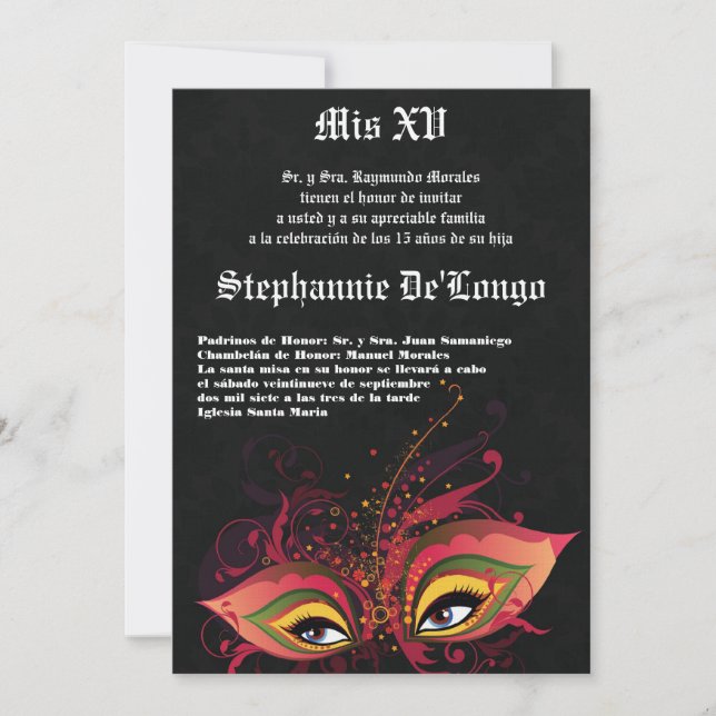 5x7 Masquerade Quinceanera Birthday Invitation (Front)