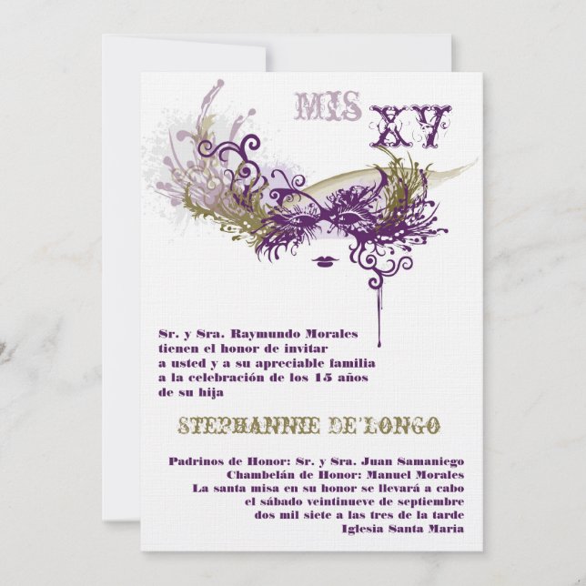 5x7 Masquerade Quinceanera Birthday Invitation (Front)