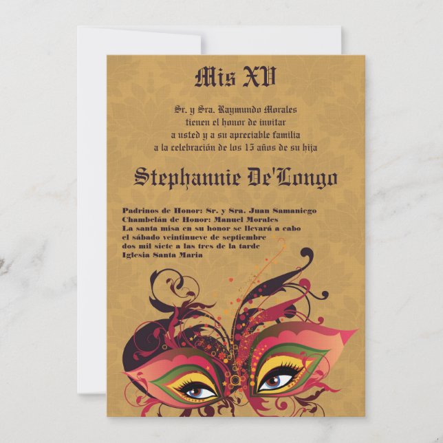 5x7 Masquerade Quinceanera Birthday Invitation (Front)