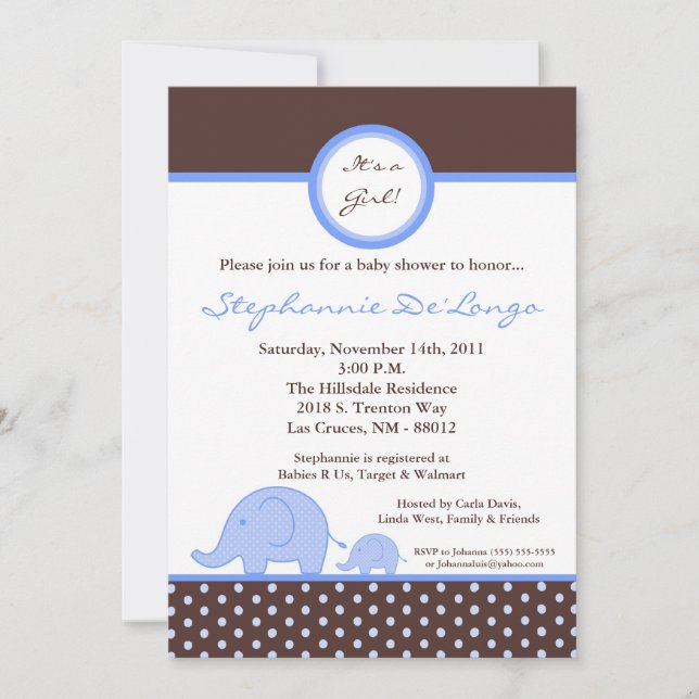 5x7 Mod Blue Boy Elephant Baby Shower Invitation (Front)