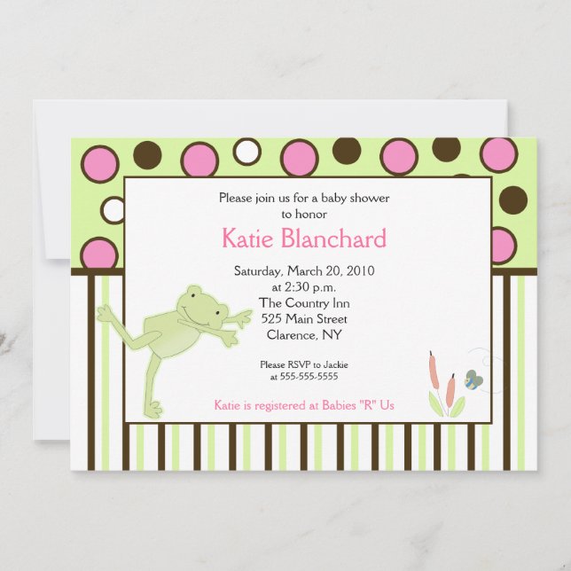 5x7 Mod Leap Frog Pink Trendy Dot Baby Shower Invitation (Front)
