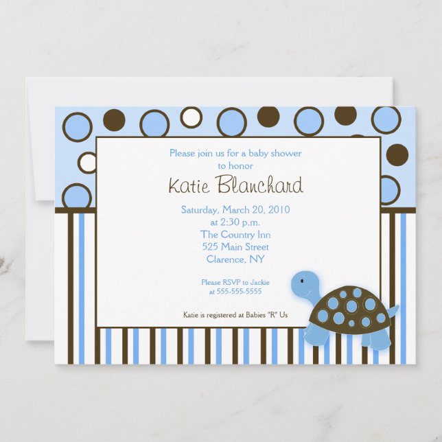 5x7 Mod Turtle Blue Trendy Dot Baby Shower Invitation (Front)
