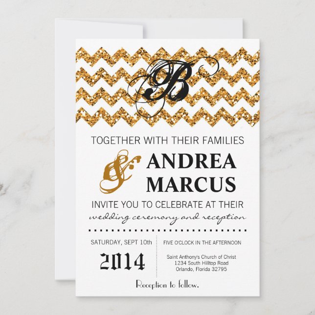 5x7 Modern Gold Glitter Chevron Wedding Invitation (Front)