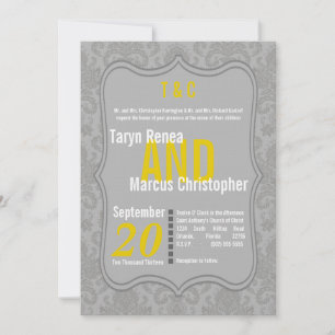 5x7 Modern Grey Damask Yellow Wedding Invitation