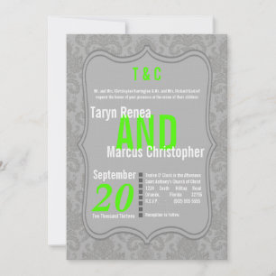 5x7 Modern Grey Neon Damask Wedding Invitation