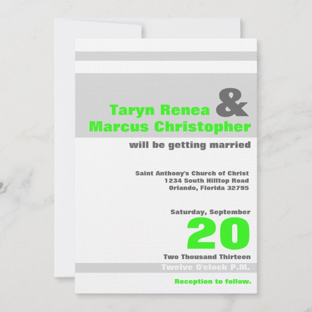 5x7 Modern Neon Green Stripe Wedding Invitation (Front)