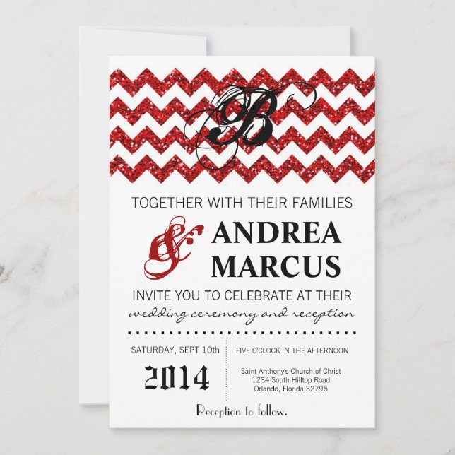 5x7 Modern Red Glitter Chevron Wedding Invitation (Front)