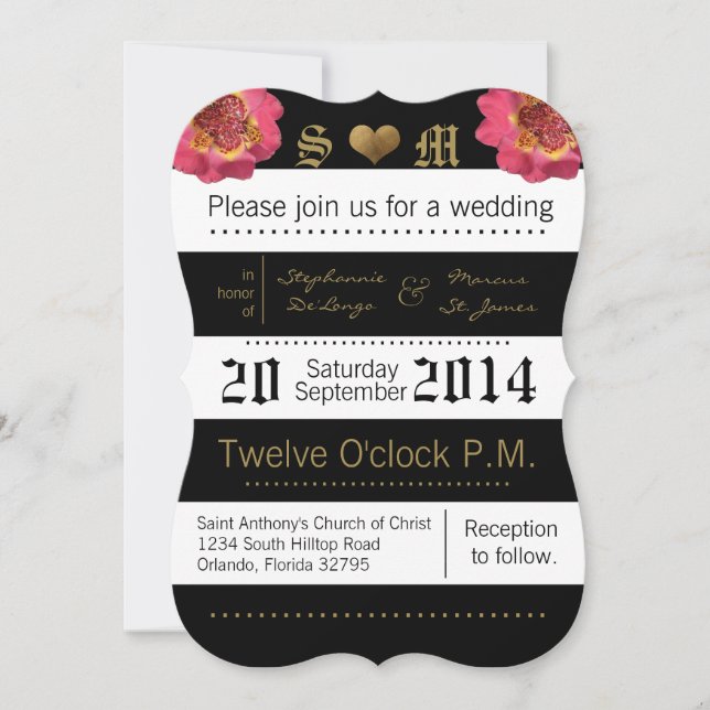 5x7 Modern Stripe Black Floral Wedding Invitation (Front)