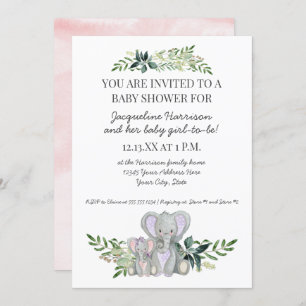 5x7 Mummy Baby Elephant Foliage Blush Pink Shower Invitation