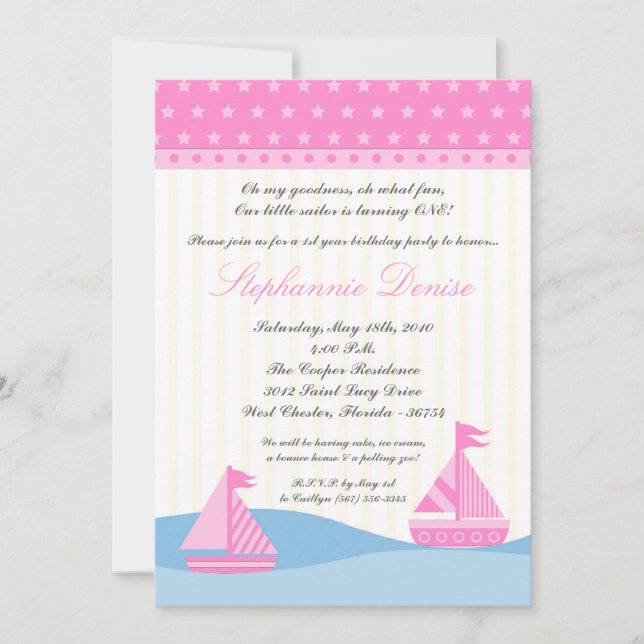 5x7 Naut Sail Boat Whale Birthday Party Invitation (Front)