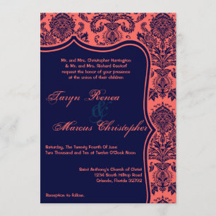 5x7 Navy Blue Coral Damask Lace Wedding Invitation